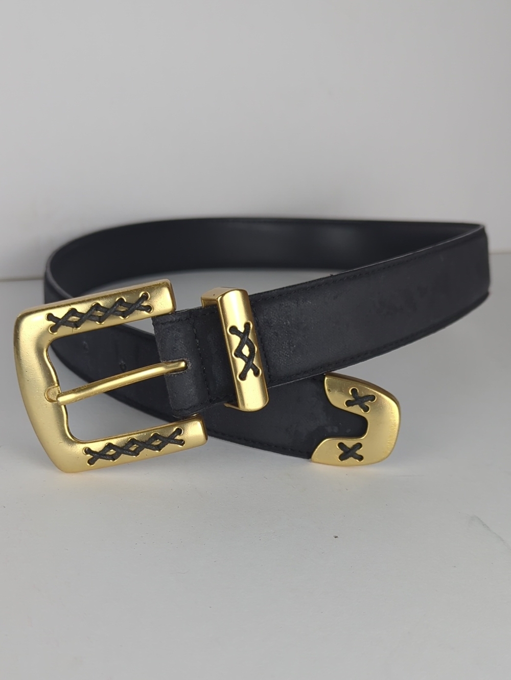 Women's Small Black & Gold Distressed Leather Stitched X Belt